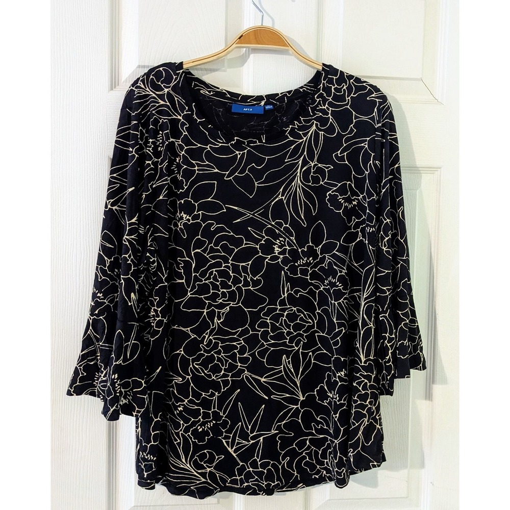 Apt 9 Women's XL Black Floral Print Long Sleeve Blouse Top‎